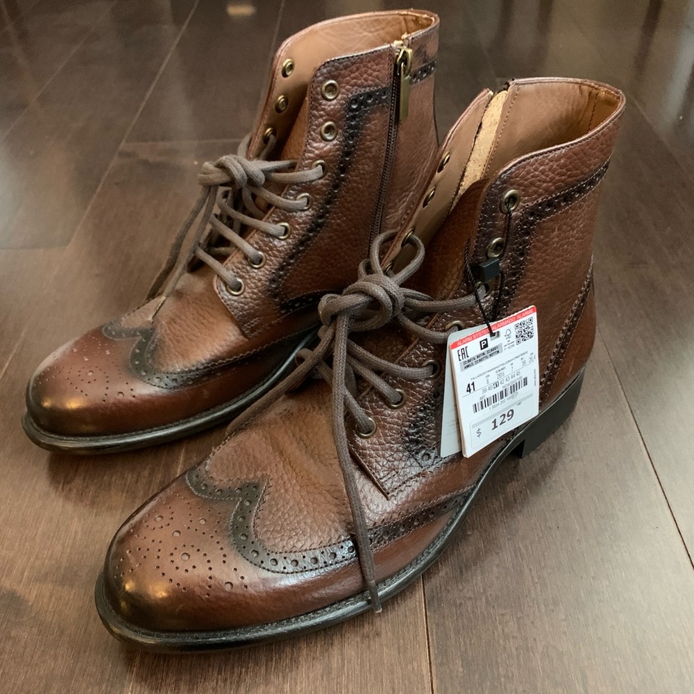 Zara Men's Dark Brown Brogue Leather Boots BNWT Size 8 / 41